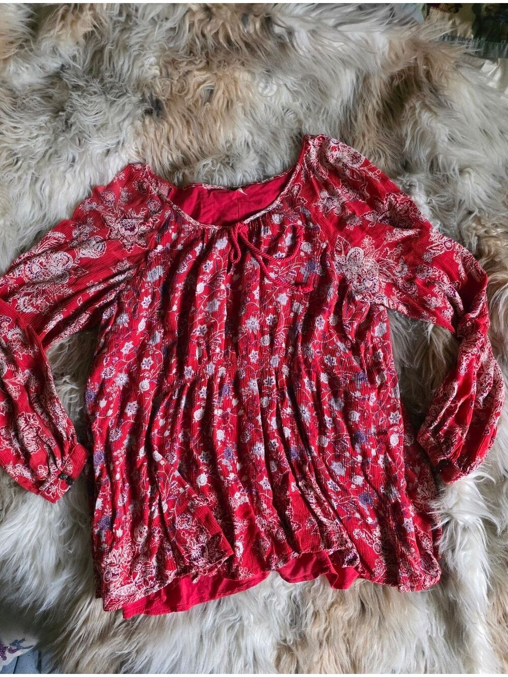 Free People Red Floral Peasant Tunic